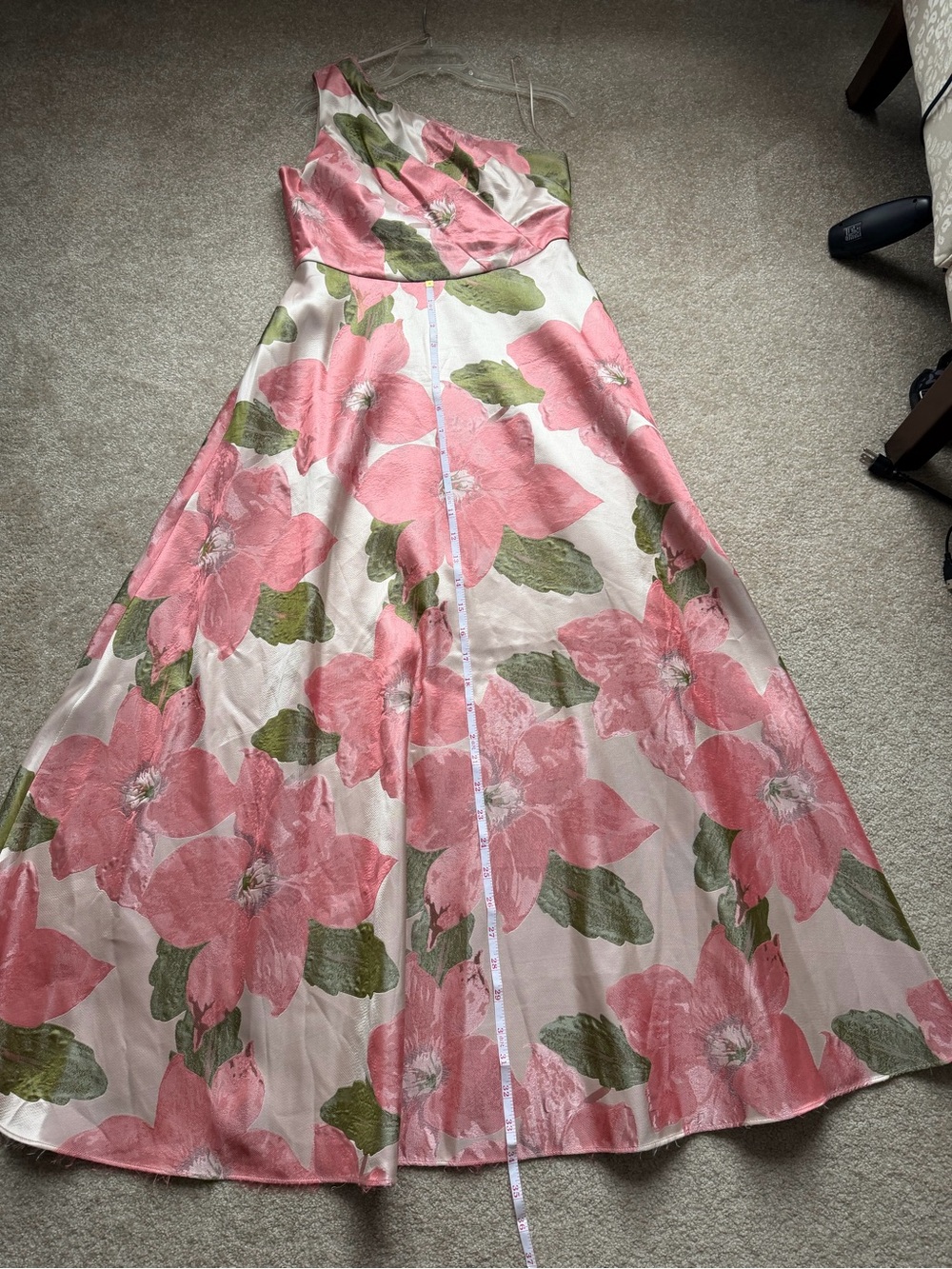 Alex Evenings One-Shoulder Pink/Peach Floral Dress with Green Leaves - Picture 11 of 16